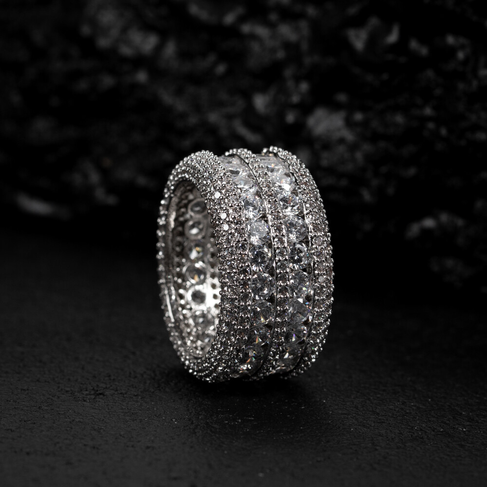Men&#39;s White Gold Plated Iced Two Row Pointer Eternity Ring