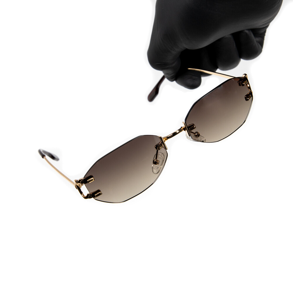 Men&#39;s Oval Rimless Gold Frame Brown Tint Hip Hop Sunglasses