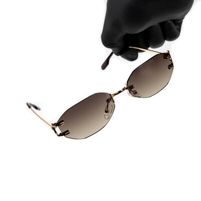 Men's Oval Rimless Gold Frame Brown Tint Hip Hop Sunglasses