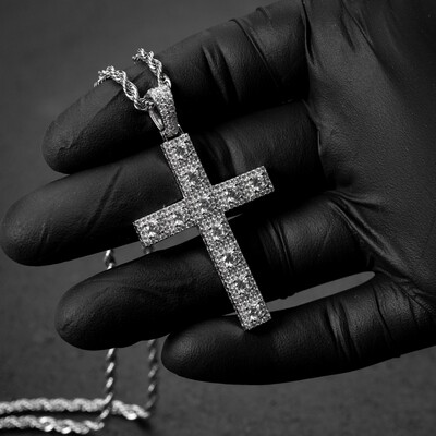 Men's White Gold Plated Iced Cz Pointer Cross Pendant Necklace
