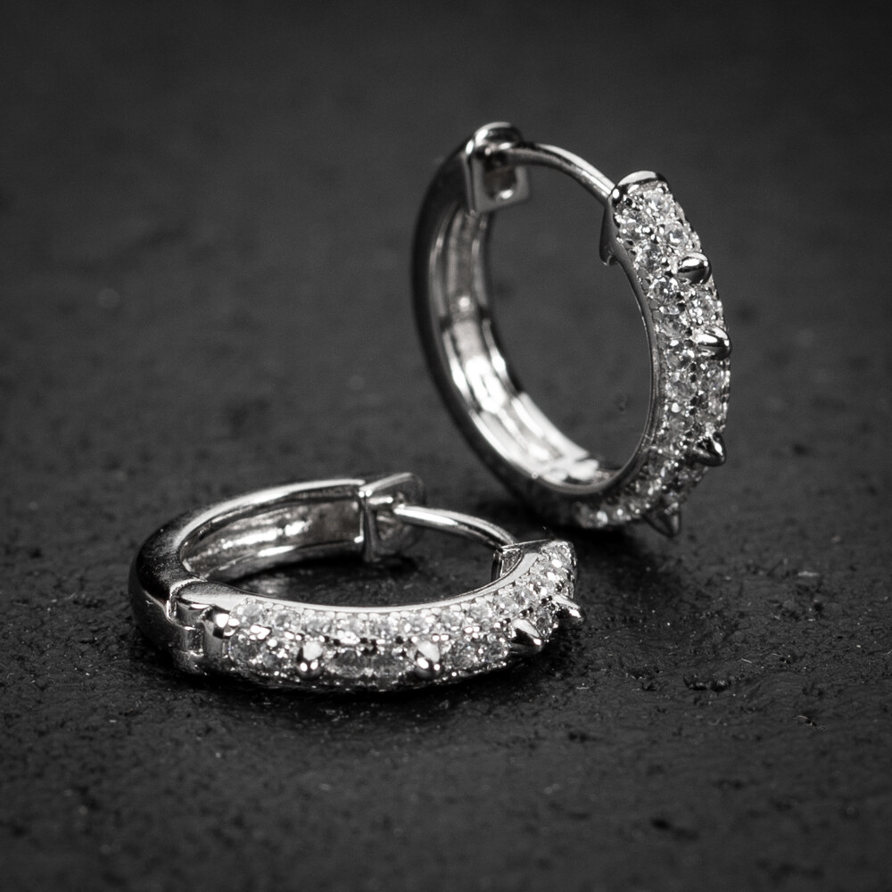 Men&#39;s 925 Sterling Silver Small Iced Spike Hoop Earrings