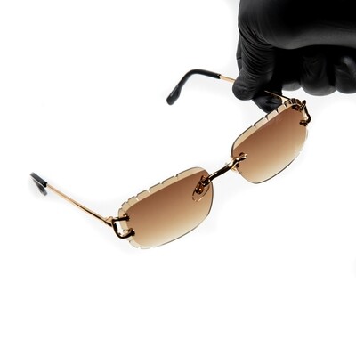 Brown Tint Rimless Diamond Cut Gold Frame Hip Hop Sunglasses​