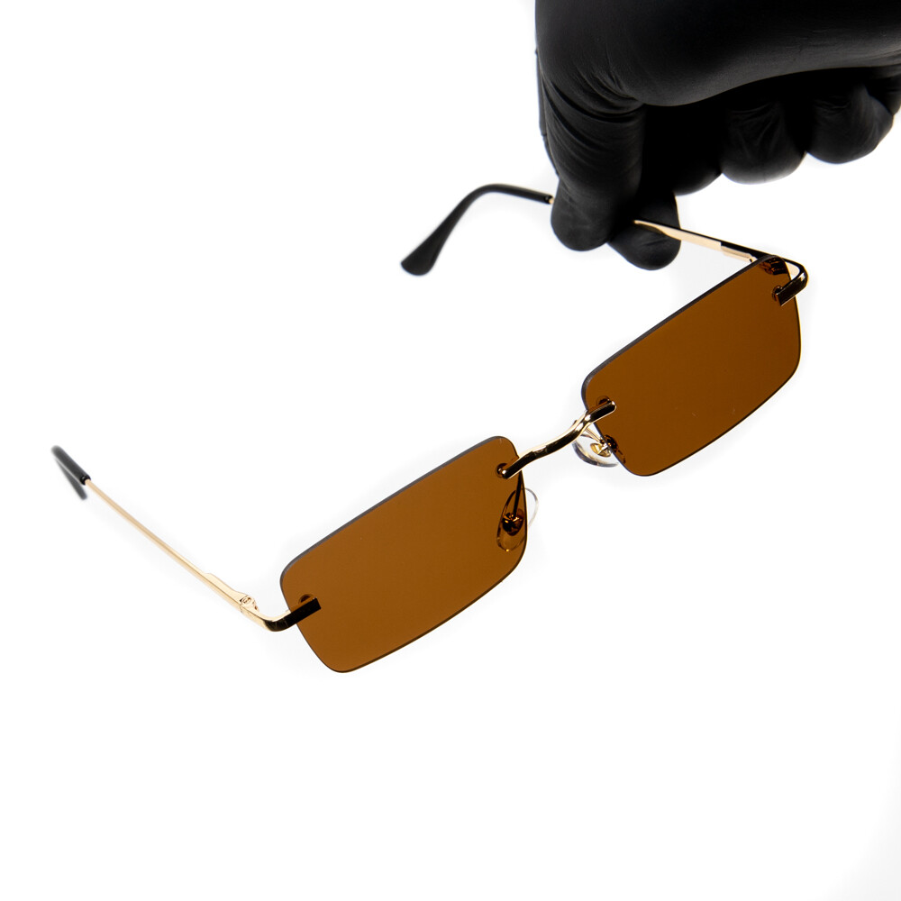 Men&#39;s Rectangular Rimless Gold Frame Brown Tint Sunglasses