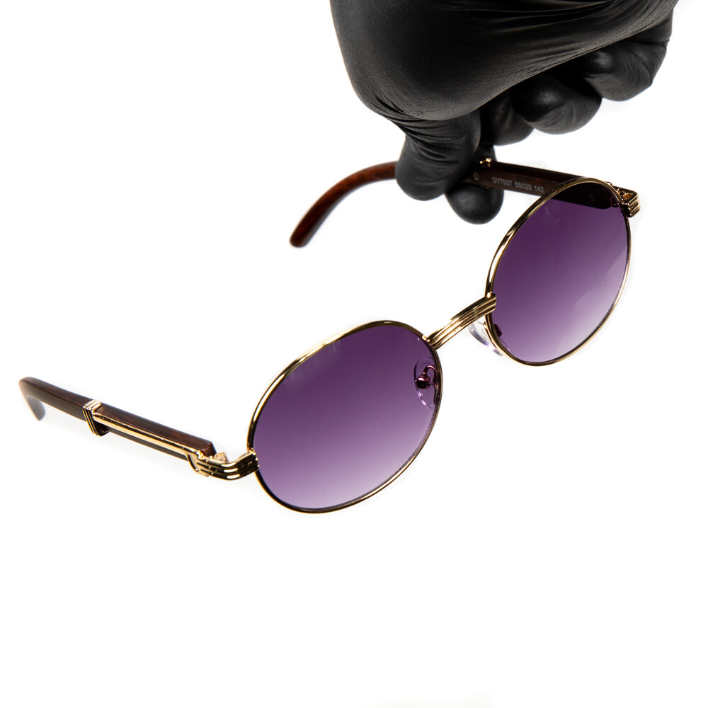 Men&#39;s Gold Frame Round Purple Tint Hip Hop Sunglasses