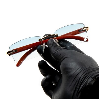 Rimless Gold Frame Sky Blue Tint  Hip Hop Men&#39;s Woodgrain Sunglasses
