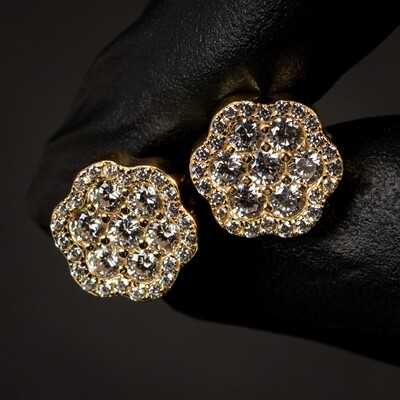 Men&#39;s Large Iced Flower Cluster Gold Stud Earrings