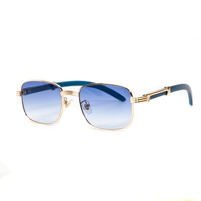 Vintage Woodgrain Gold Frame Sky Blue Tint Lens Pilot Sunglasses