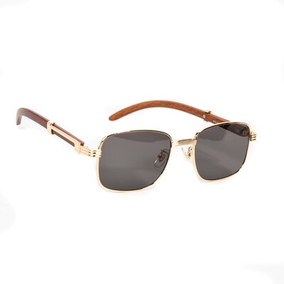 Vintage Woodgrain Gold Frame Black Tint Lens Pilot Sunglasses