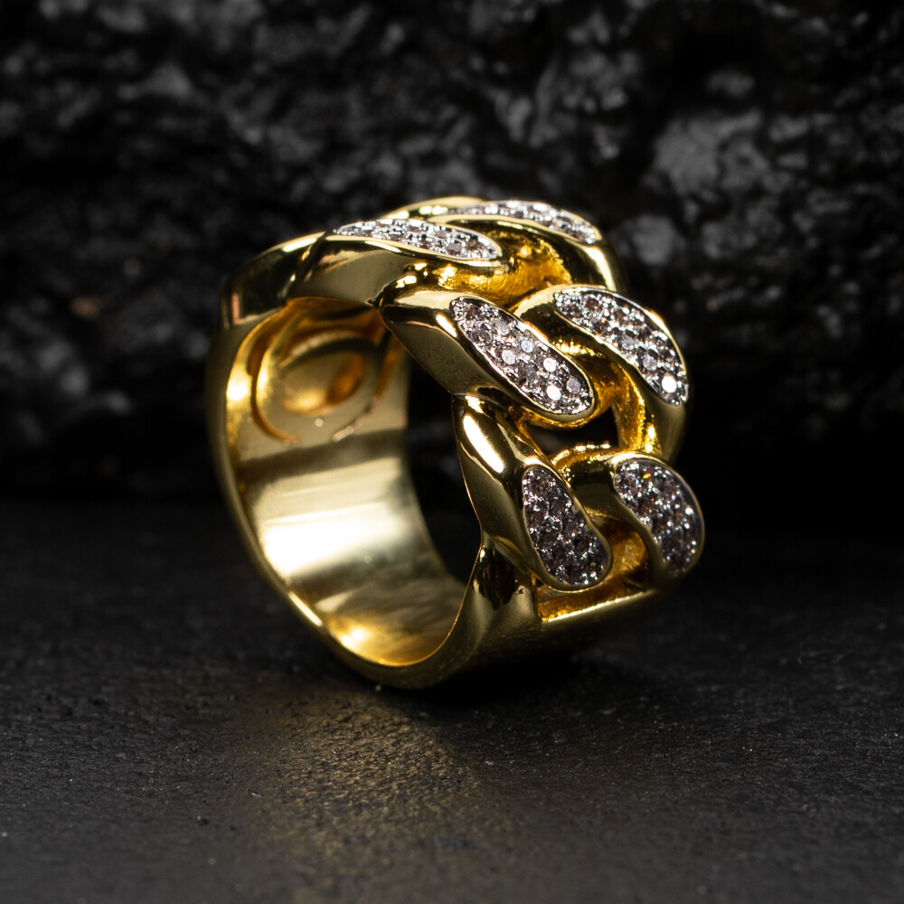 Men&#39;s Two Tone Yellow Gold Plated Iced Cz Cuban Link Pinky Ring