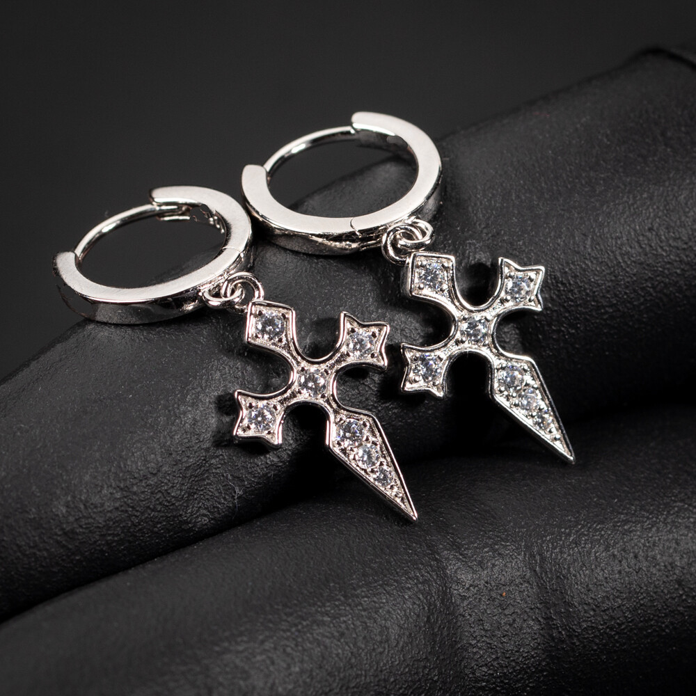 Men&#39;s 925 Sterling Silver Iced Cz Dagger Dangle Cross Hoop Earrings