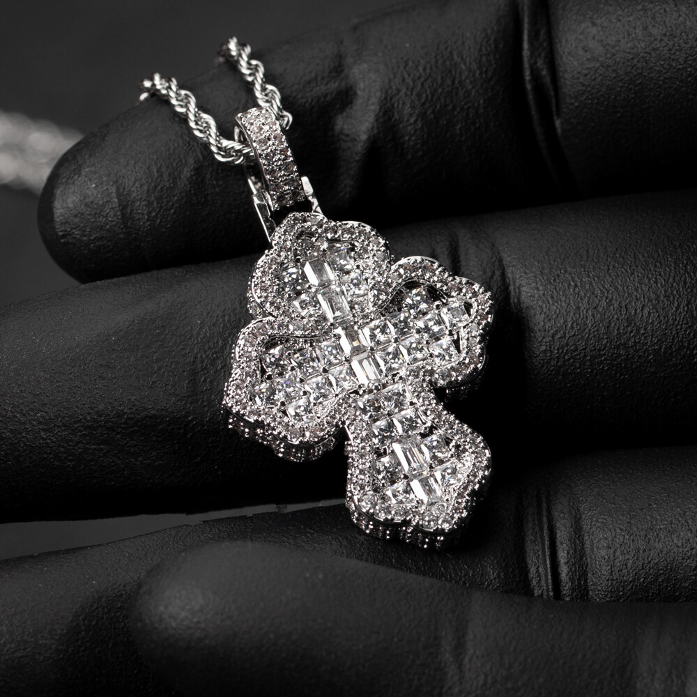 Men&#39;s White Gold Plated Fully Iced Cz Baguette Cross Pendant Necklace