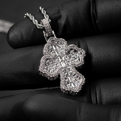 Men's White Gold Plated Fully Iced Cz Baguette Cross Pendant Necklace