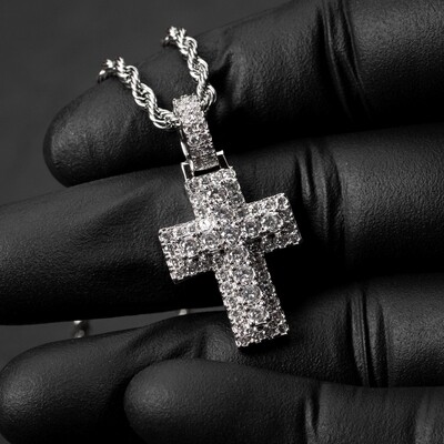 White Gold Plated Iced Pointer Cross Pendant Necklace