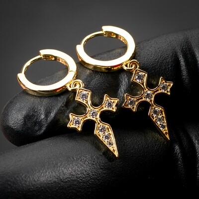 Men's Gold Sterling Silver Iced Cz Dagger Dangle Cross Hoop Earrings