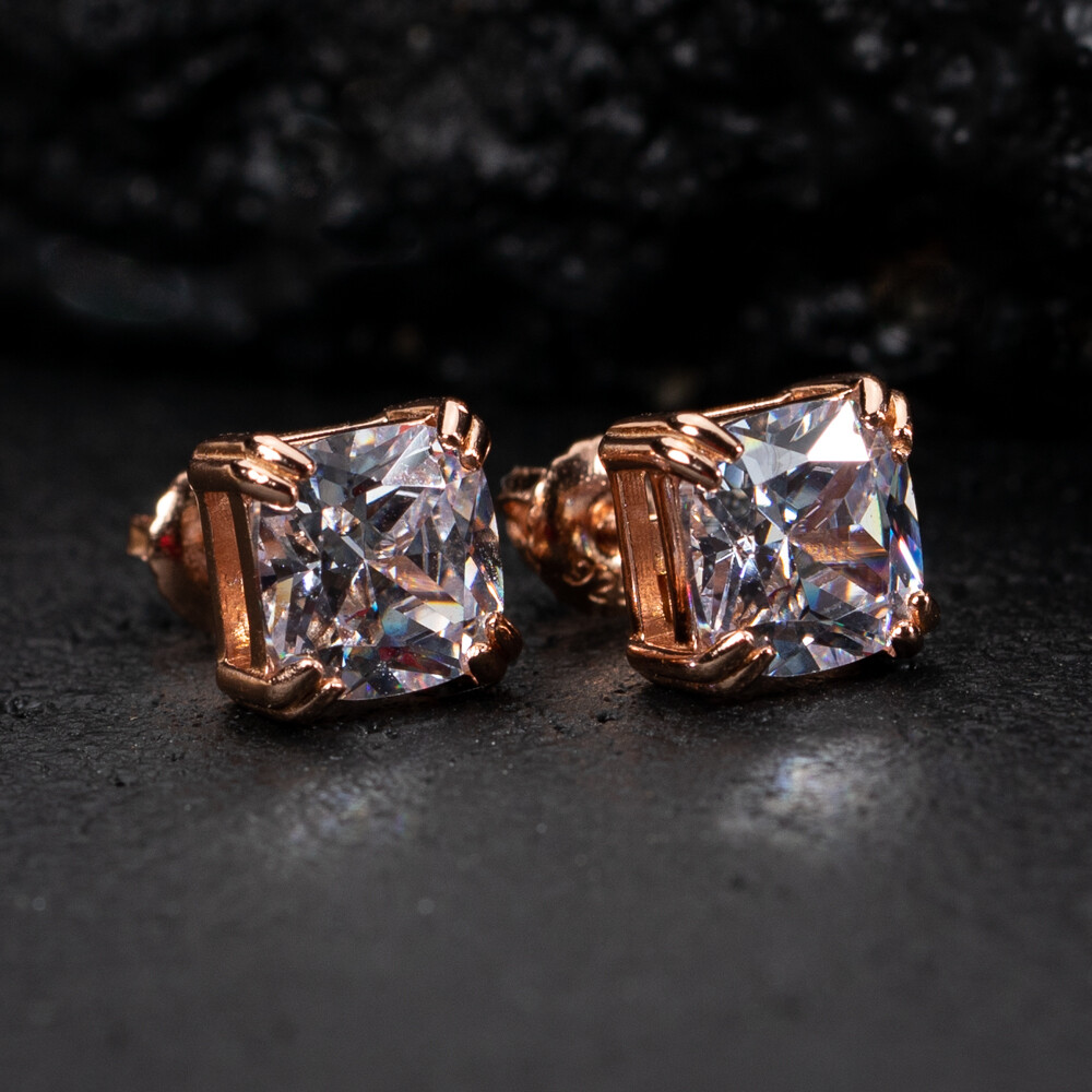 Small 925 Sterling Silver Pink Rose Gold Cushion Cut Stud Earrings