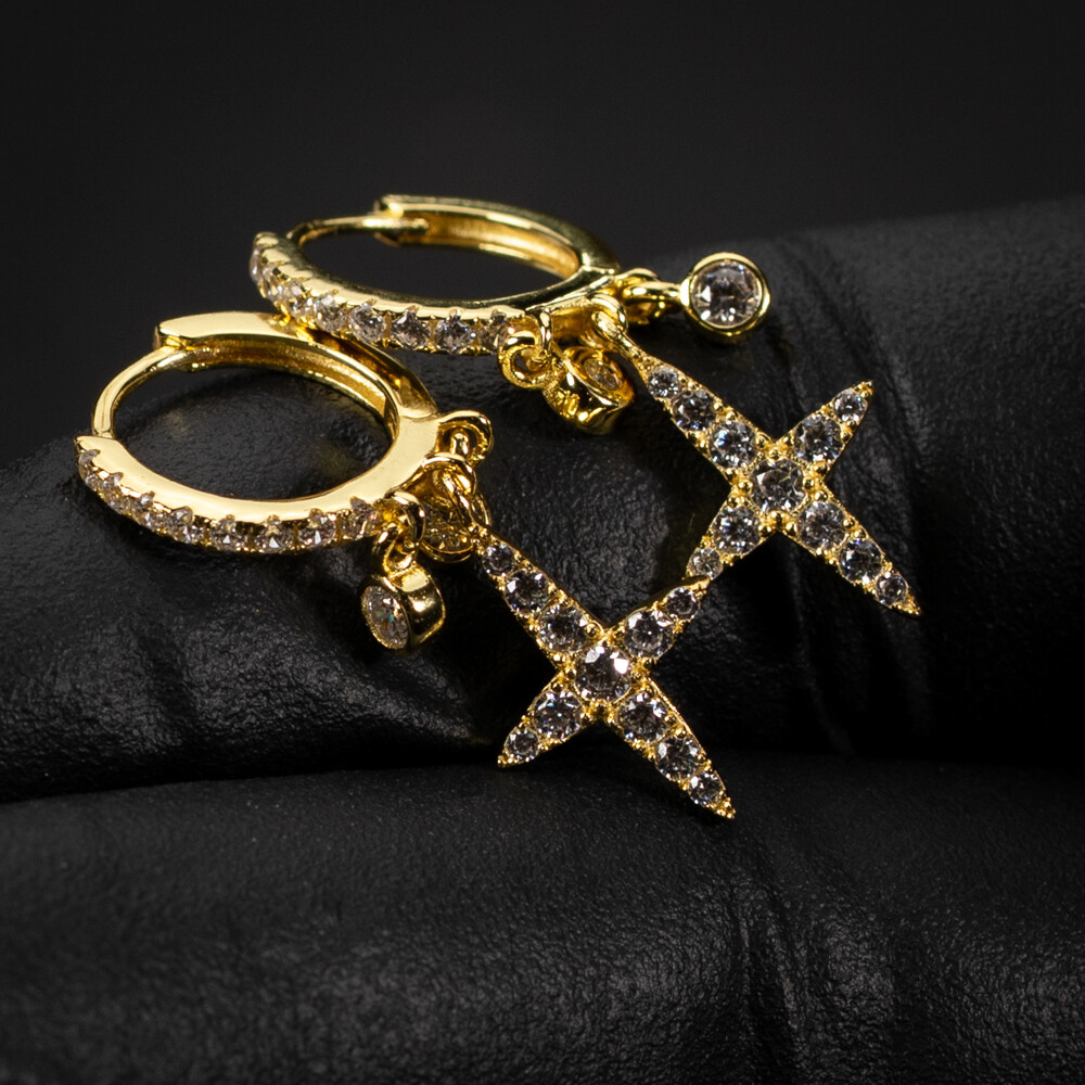 Yellow Gold Plated Sterling Silver Mini Dangle Cross Hoop Earrings