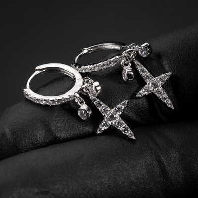 White Gold Plated Sterling Silver Mini Dangle Cross Hoop Earrings