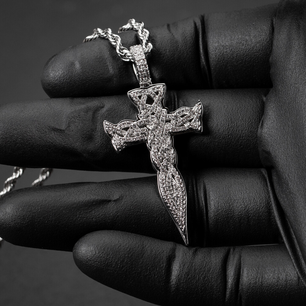White Gold Plated Iced Celtic Cross Pendant Necklace