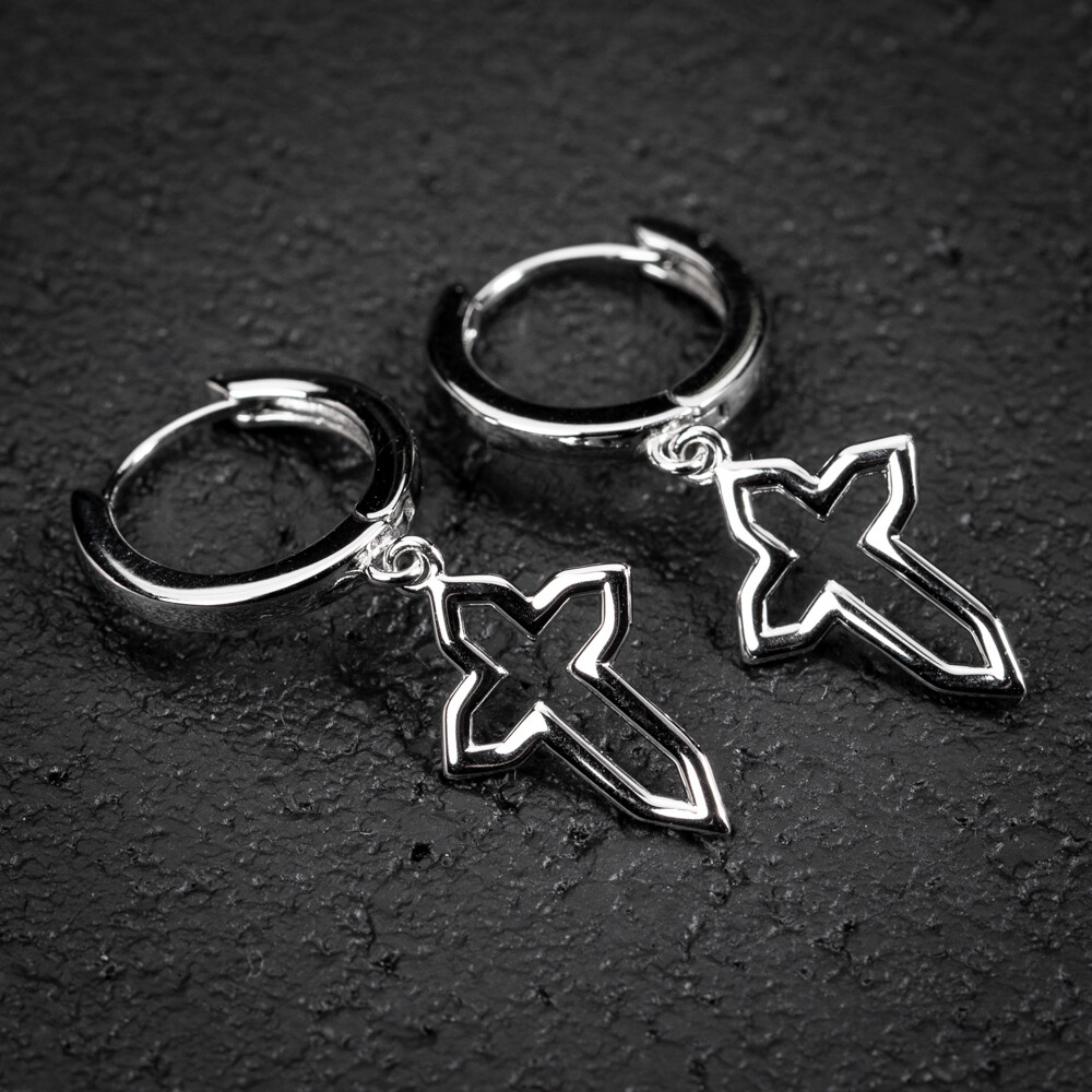 Mens White Gold Solid 925 Sterling Silver Dangle Cross Hoop Earrings