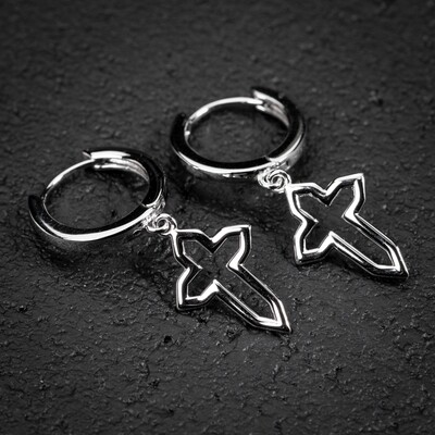 Mens White Gold Solid 925 Sterling Silver Dangle Cross Hoop Earrings