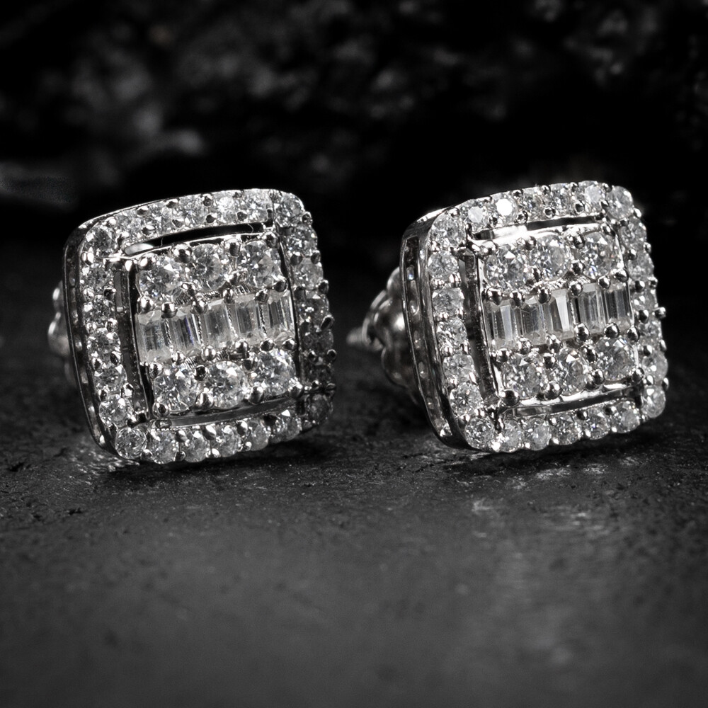 Men&#39;s Square 925 Sterling Silver Iced Moissanite Stud Earrings