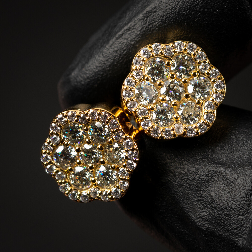 Moissanite Large Flower Cluster 14K Gold Plated 925 Sterling Silver Stud Earrings