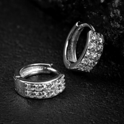 White Gold Plated Sterling Silver Two Row Iced Cz Hoop Earrings