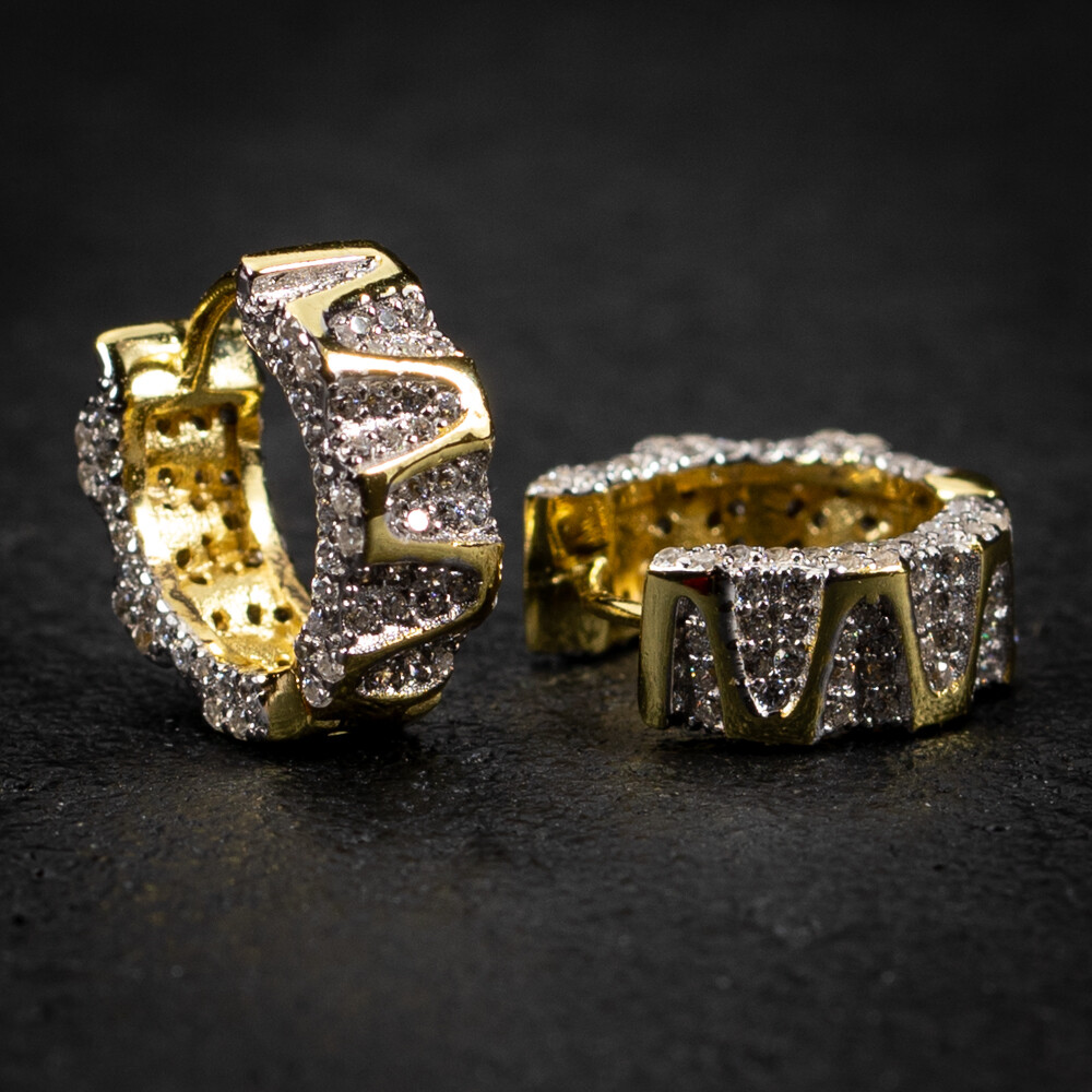 Two Tone Yellow Gold Plated Sterling Silver Fully Iced Mens Hoop Earrings