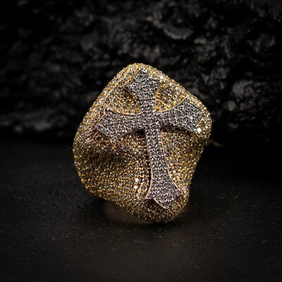 Moissanite 925 Sterling Silver 14K Gold Plated Iced Cross Ring