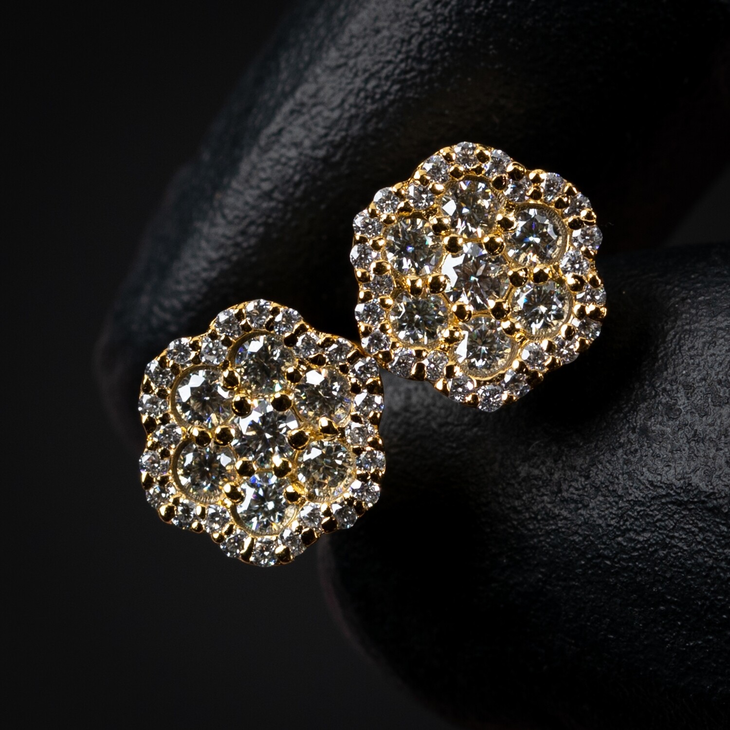 Round Iced 0.76Ct VVS D Color Moissanite 14K Gold Plated 925 Sterling Silver Flower Cluster Stud Earrings