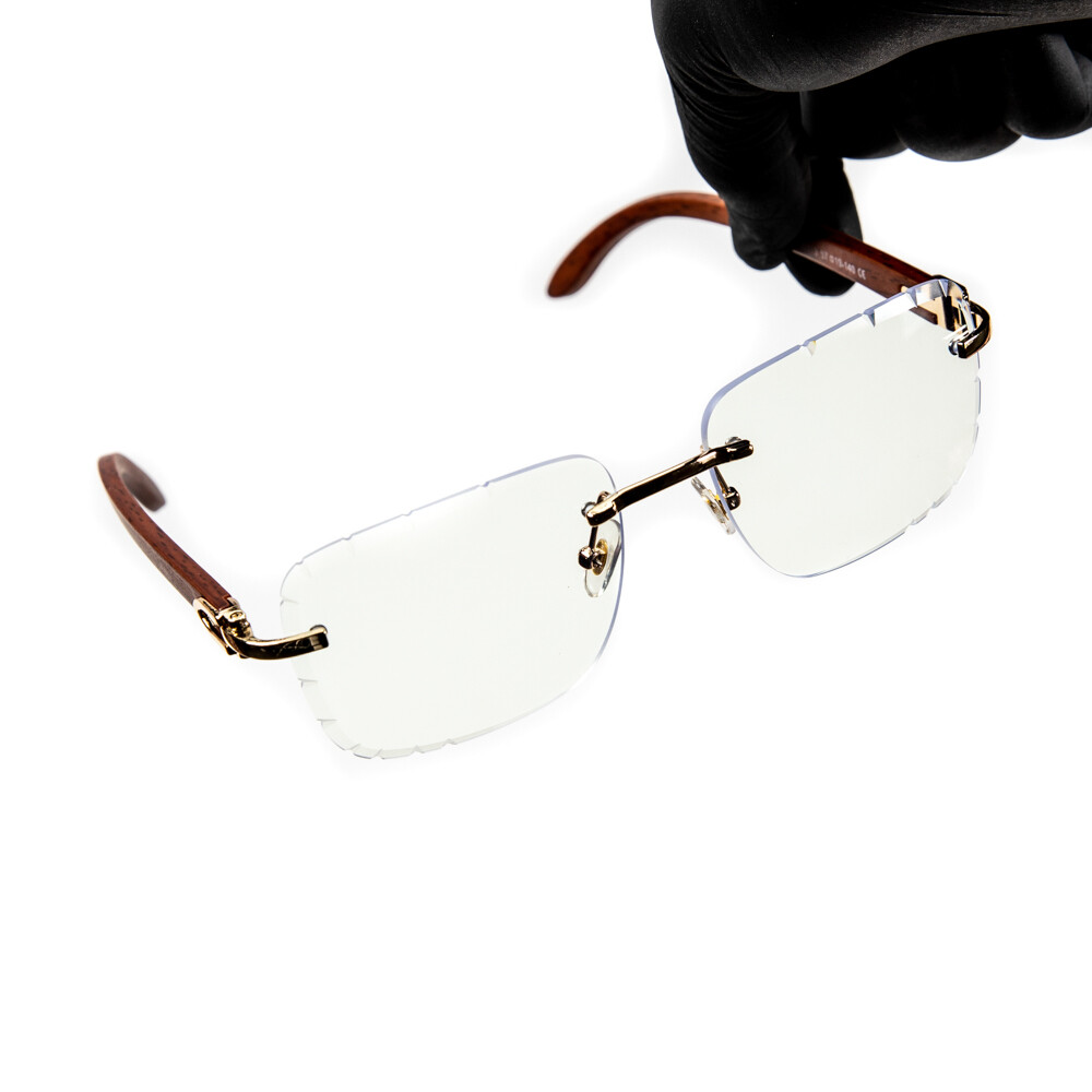 Men&#39;s Woodgrain Gold Frame Rimless Gem Cut Clear Lens Glasses