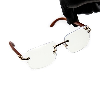 Men's Woodgrain Gold Frame Rimless Gem Cut Clear Lens Glasses