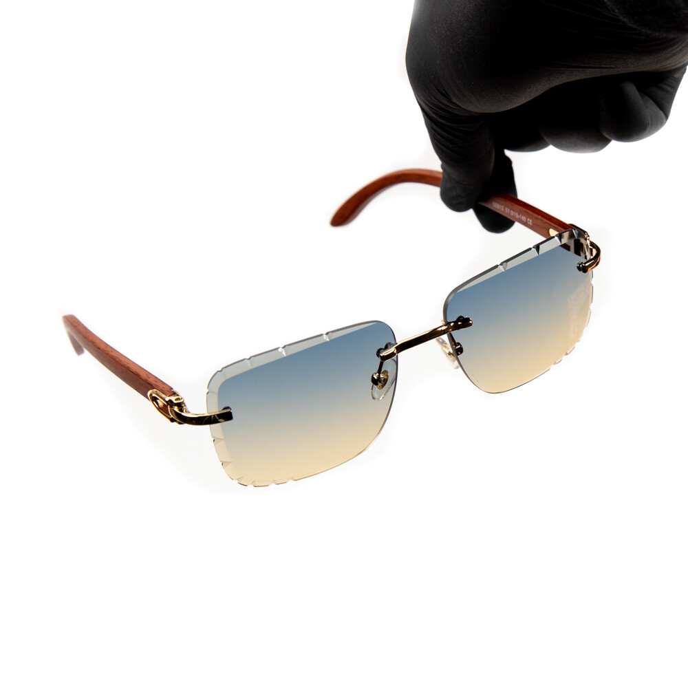Rimless Gold Frame Grey &amp; Tan Gradient Tint Gem Cut Hip Hop Woodgrain Sunglasses