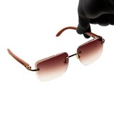 Rimless Gold Frame Burgundy Gradient Tint Gem Cut Hip Hop Woodgrain Sunglasses