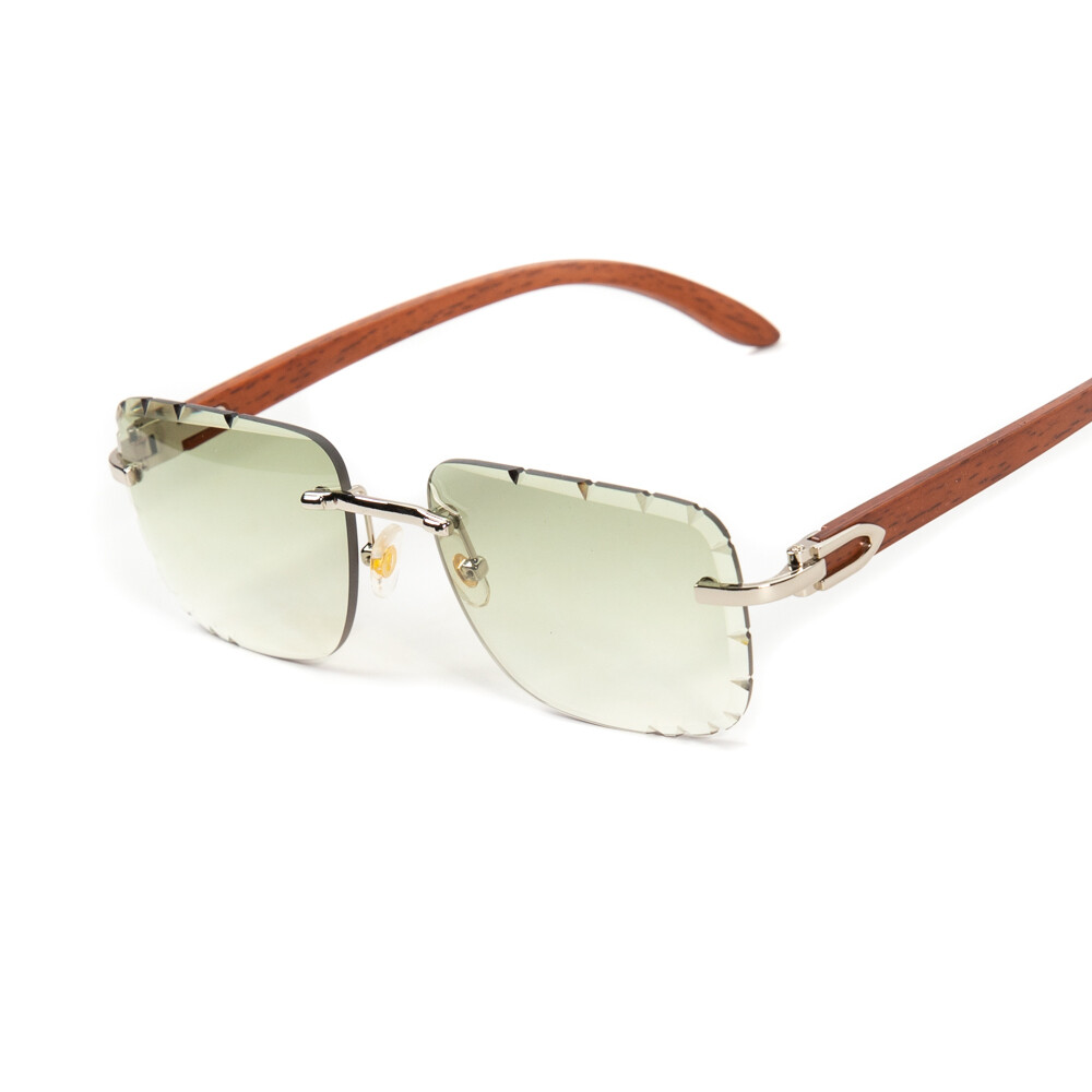 Rimless Silver Frame Mint Green Gradient Tint Gem Cut Hip Hop Woodgrain Sunglasses