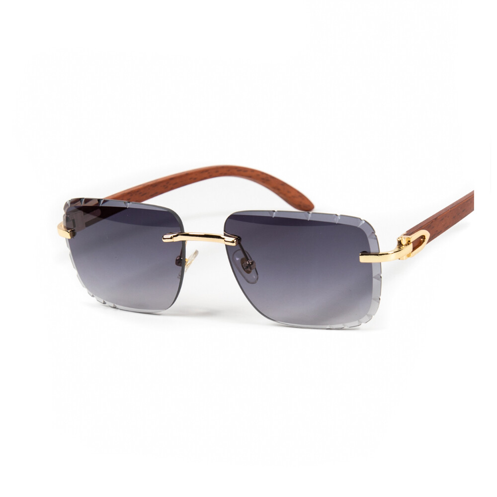 Rimless Gold Frame Purple Gradient Tint Gem Cut Hip Hop Woodgrain Sunglasses