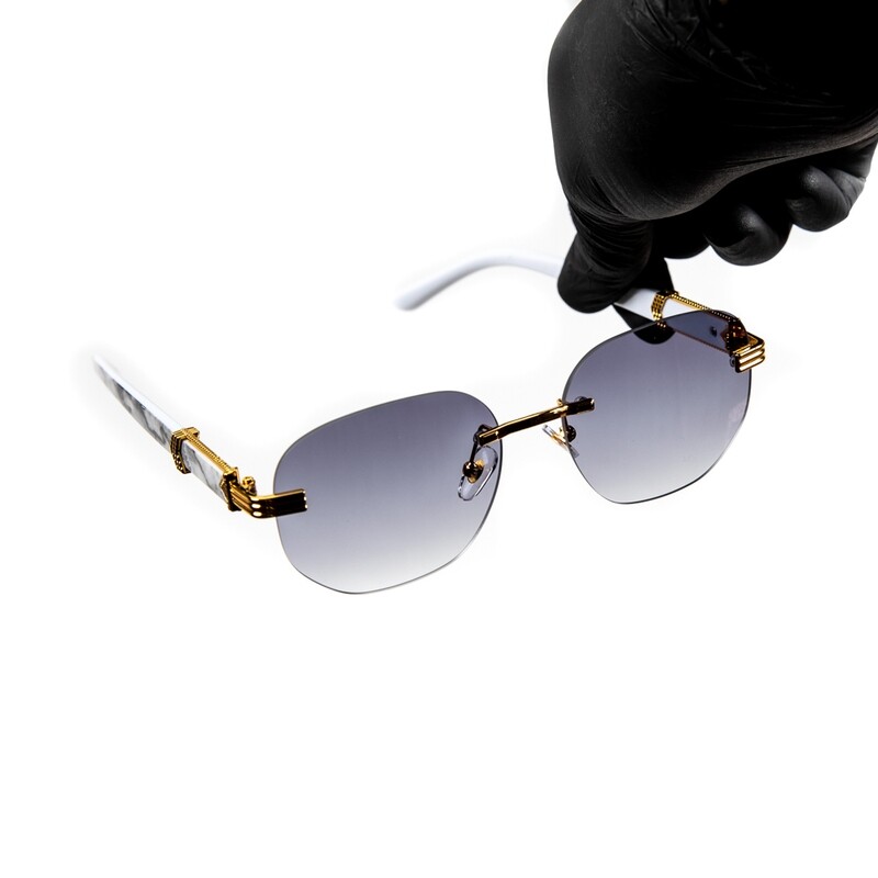 Rimless Gold Frame Purple Gradient Tint Hip Hop Marble Arm Sunglasses