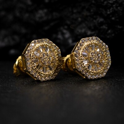 Men's 14K Gold 925 Sterling Iced Cz Octagonal Stud Screw Back Earrings
