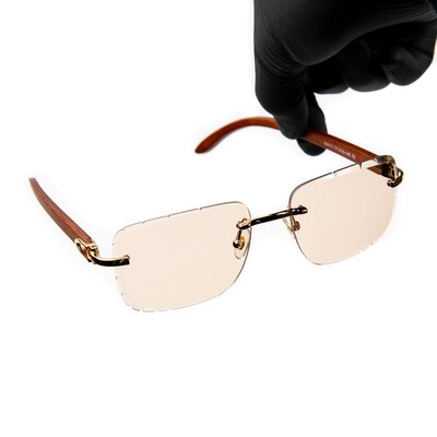 Rimless Gold Frame Tan Tint Gem Cut Hip Hop Woodgrain Sunglasses