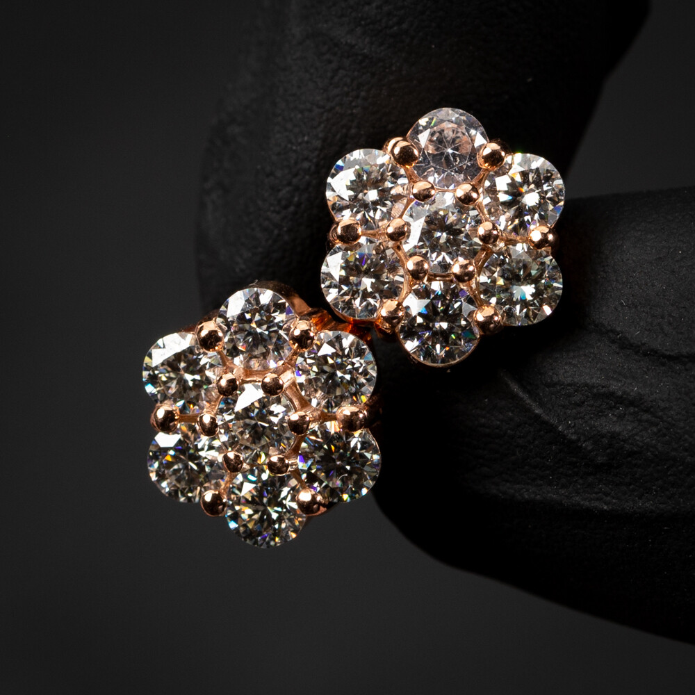 Large VVS D Color 2.8Ct Moissanite 14K Rose Gold Plated Flower Cluster 925 Sterling Silver Screw Back Stud Earrings
