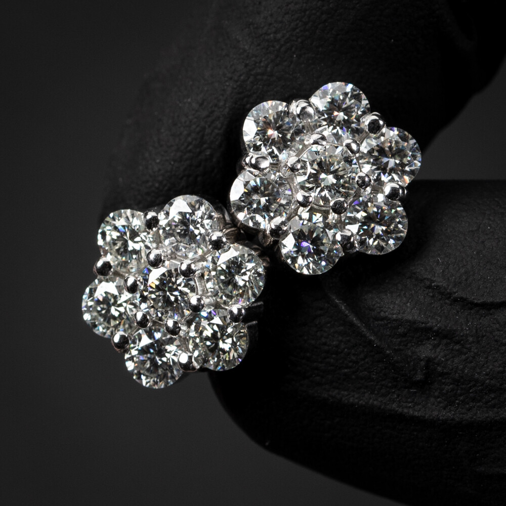 Large 2.8Ct VVS Moissanite White Gold Plated 925 Sterling Silver Flower Cluster Hip Hop Stud Earrings For Men And Women
