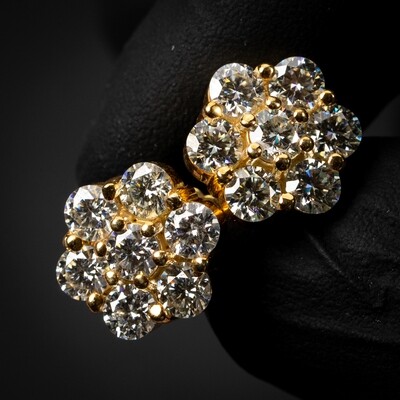 VVS D Color 2.8Ct Moissanite Large Yellow Gold Plated 925 Sterling Silver Flower Cluster Hip Hop Stud Earrings For Men And Women