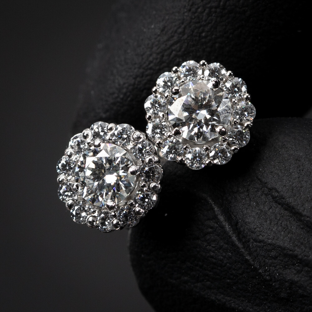 Moissanite White Gold Plated Flower Cluster 925 Sterling Silver Halo Cluster Stud Earrings