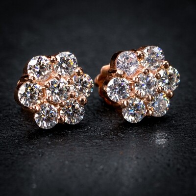 Large Cz Rose Gold Plated 925 Sterling Silver Flower Cluster Stud Screw Back Earrings