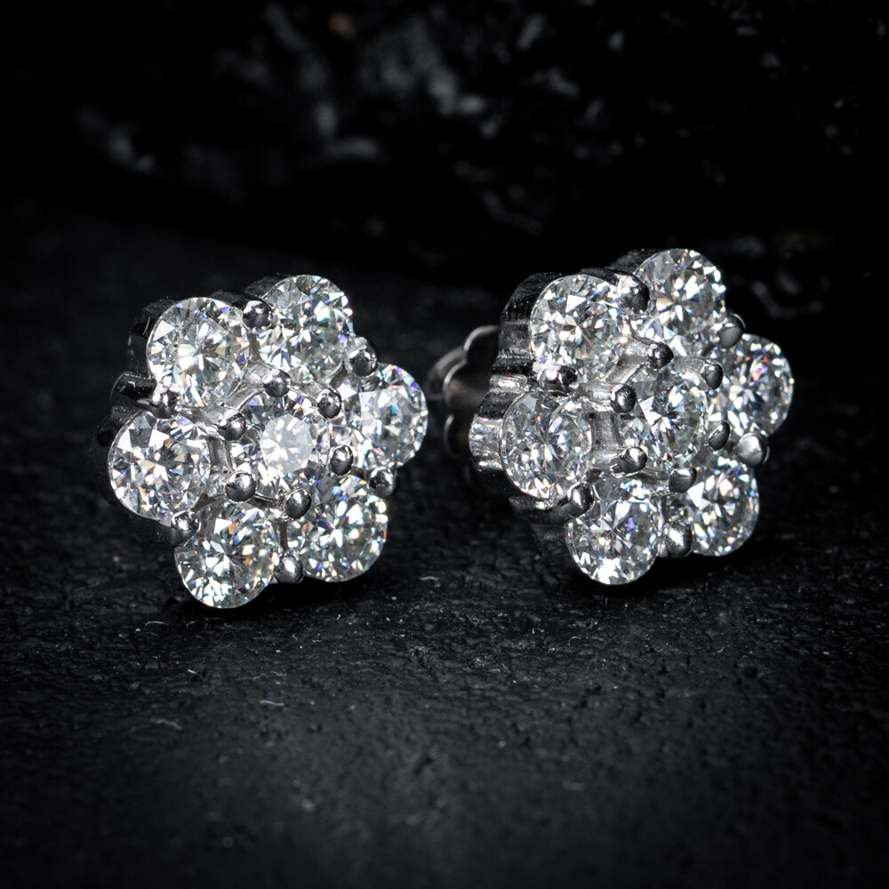 Large Iced Cz Flower Cluster Sterling Silver Stud Screwback Earrings