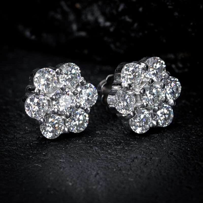 Large Iced Cz Flower Cluster Sterling Silver Stud Screwback Earrings