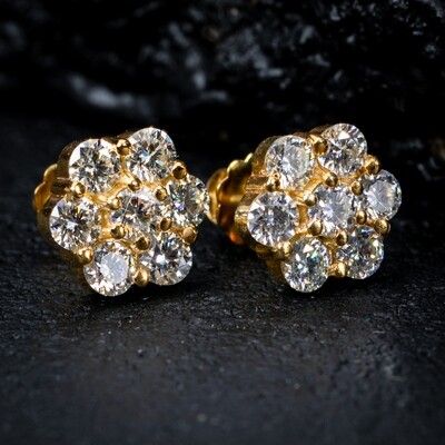 Large Iced Cz 14K Gold Plated Sterling Silver Flower Cluster Stud Screw Back Earrings