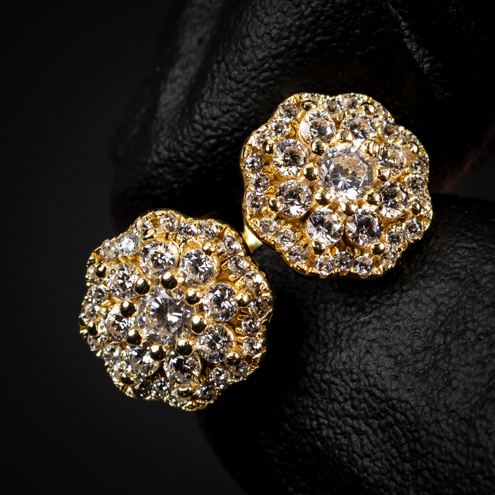 Iced Cz 14K Gold Plated Sterling Silver Flower Cluster Stud Screw Back Earrings