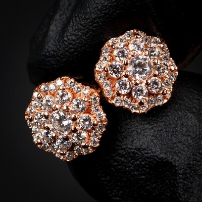 Iced Cz Rose Gold Plated Sterling Silver Flower Cluster Stud Screw Back Earrings
