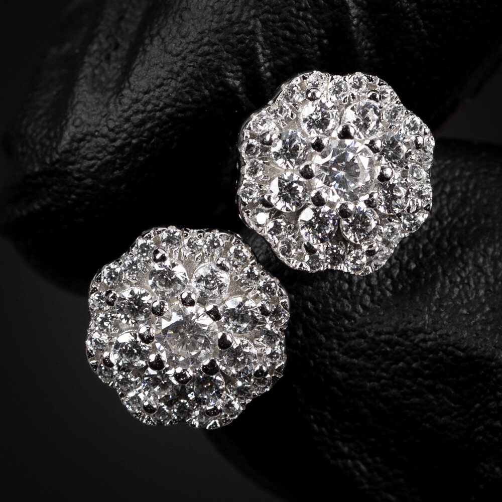 Iced Cz White Gold Plated Sterling Silver Flower Cluster Stud Screw Back Earrings